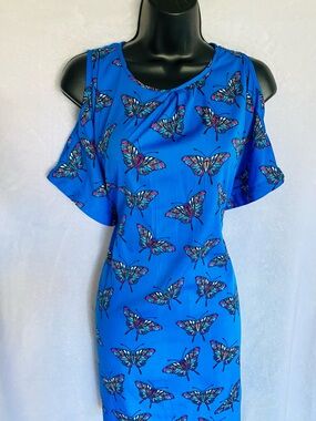 Blue Butterfly Cold-Shoulder Midi Dress